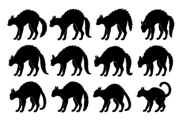 Collection of twelve arched back black cat silhouettes isolated on white background