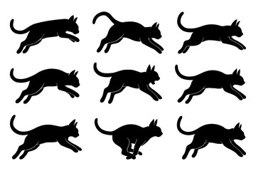 Collection of running cat silhouettes isolated on white background