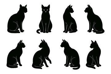 Collection of black cat silhouettes in sitting poses isolated on white background