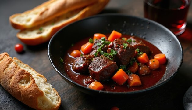Authentic Spanish oxtail stew rabo de toro slow cooked in red wine with carrots and tomatoes. Served in deep black bowl with crusty bread. Dramatic top down shot on dark textured background.