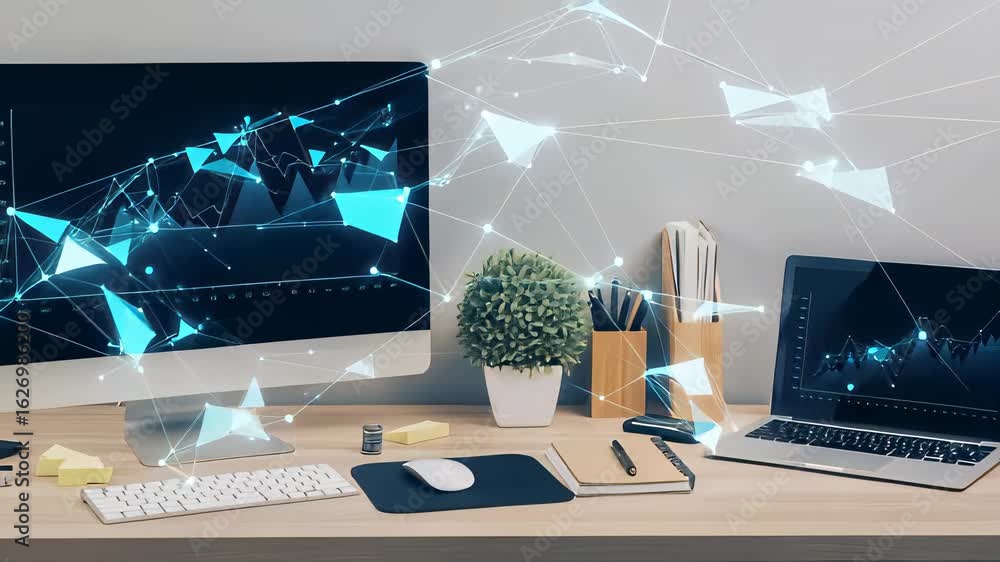 Poster dynamic overhead shot of a modern workspace with technology showcasing productivity and organization