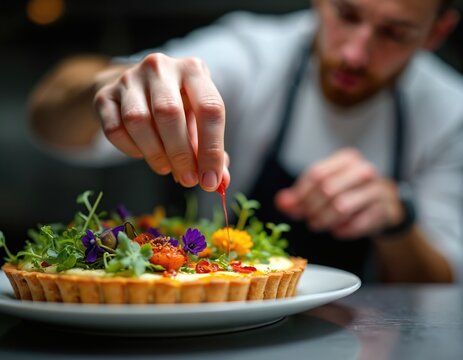Male chef meticulously garnishes gourmet tart with fresh edible flowers, microgreens in modern kitchen. Chef hands add final touches of sauce to vibrant culinary masterpiece. Focus on detail,