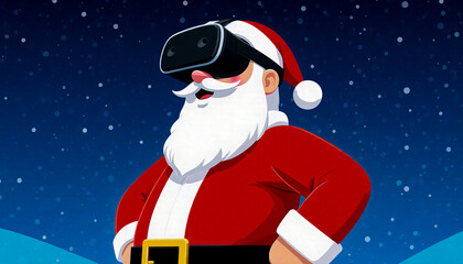 Cartoon Santa in VR headset smiling under starry night sky