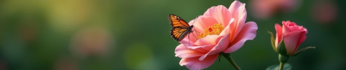 Obraz premium Delicate flower and butterfly perched on a single rose petal, wings open slowly, rose, gentle, serene