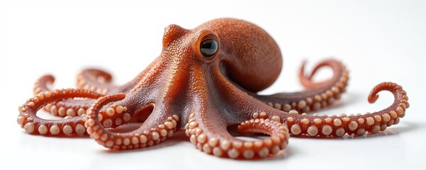 Obraz premium Close-up of raw, brown octopus with textured skin, visible suckers on tentacles. Marine creature presented on clean white background, unique form. Image suitable for content related to seafood, ocean
