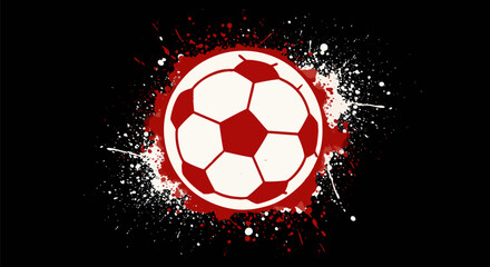 Fototapeta premium Vector illustration of a soccer ball with a red and white grunge paint splatter effect on a black background, representing sports and competition