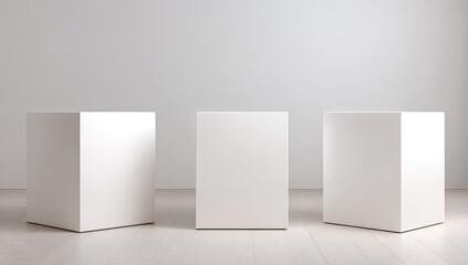 Three blank white cubic display pedestals.