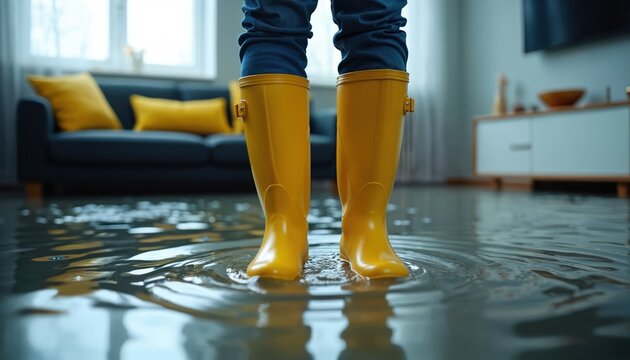 Person wearing yellow rubber boots stands in flooded room. Water inundates living space, reflecting furniture, windows. Concept of home disaster, water damage, emergency cleanup after heavy rain