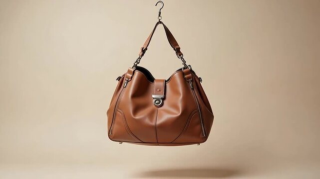 Elegant brown leather handbag suspended, showcasing luxury and modern design for fashion-forward individuals.