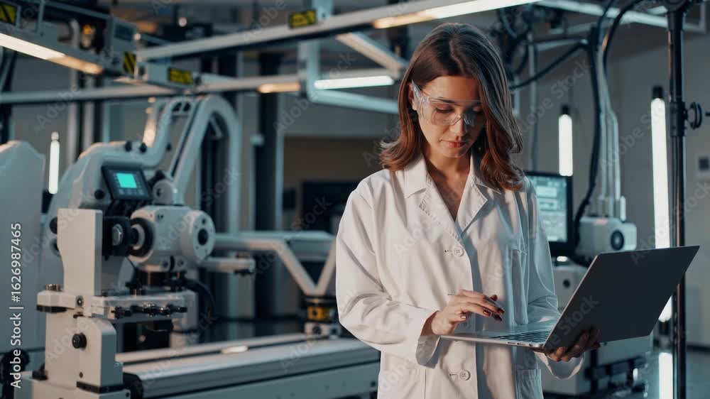 Poster innovative female engineer in lab coat working with laptop at hightech factory unleashing genius for