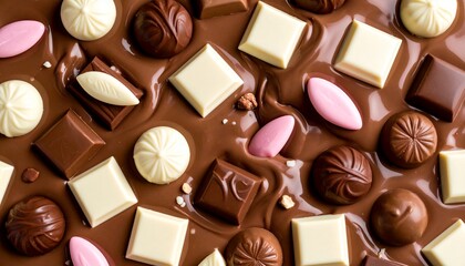 Generative AI melted liquid chocolate texture background, some bitter white and pink chocolate parts falling in this liquid