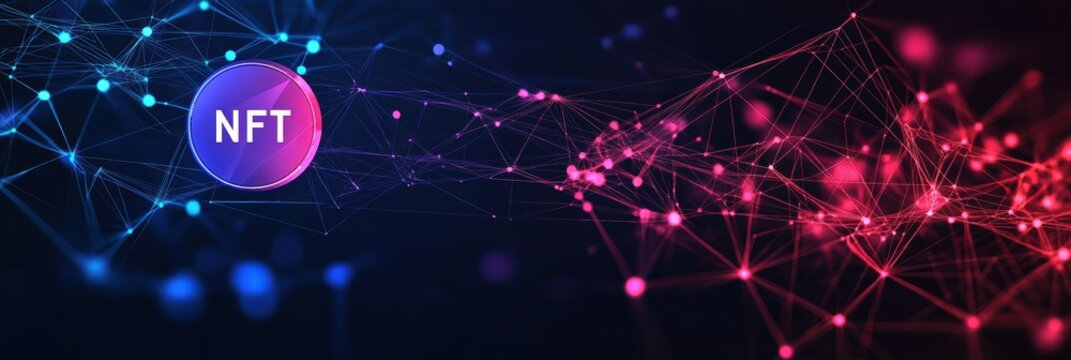 Graphic design showcasing NFT concept with vibrant digital network background