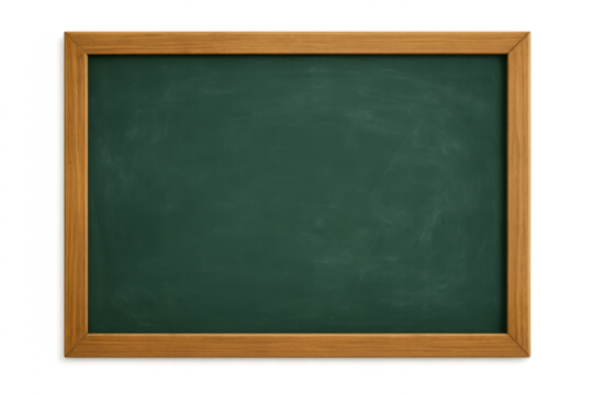 Empty green chalkboard with wooden frame on transparent background
