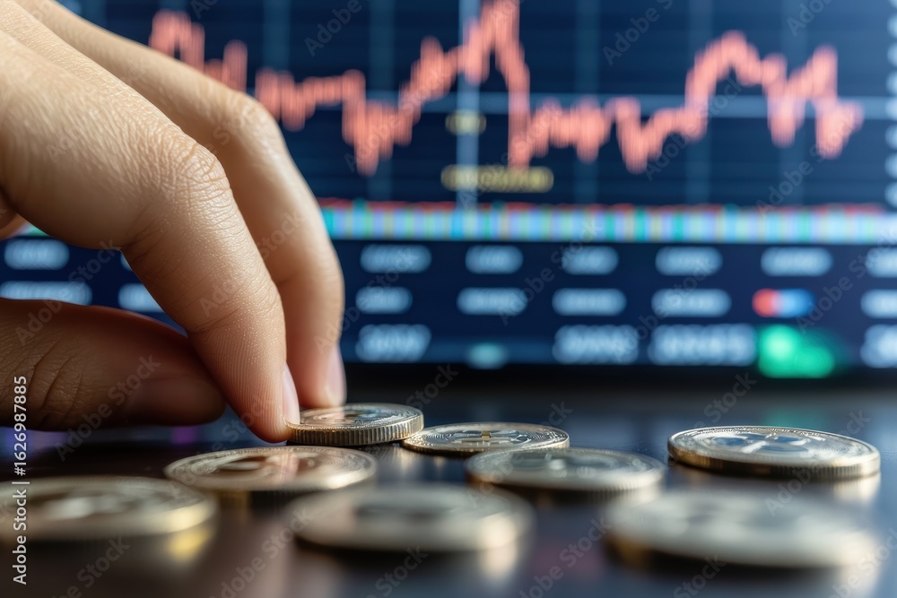 Poster hand placing coin on a table with stock market graph in the background showing price fluctuations