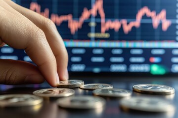 Hand placing coin on a table with stock market graph in the background showing price fluctuations