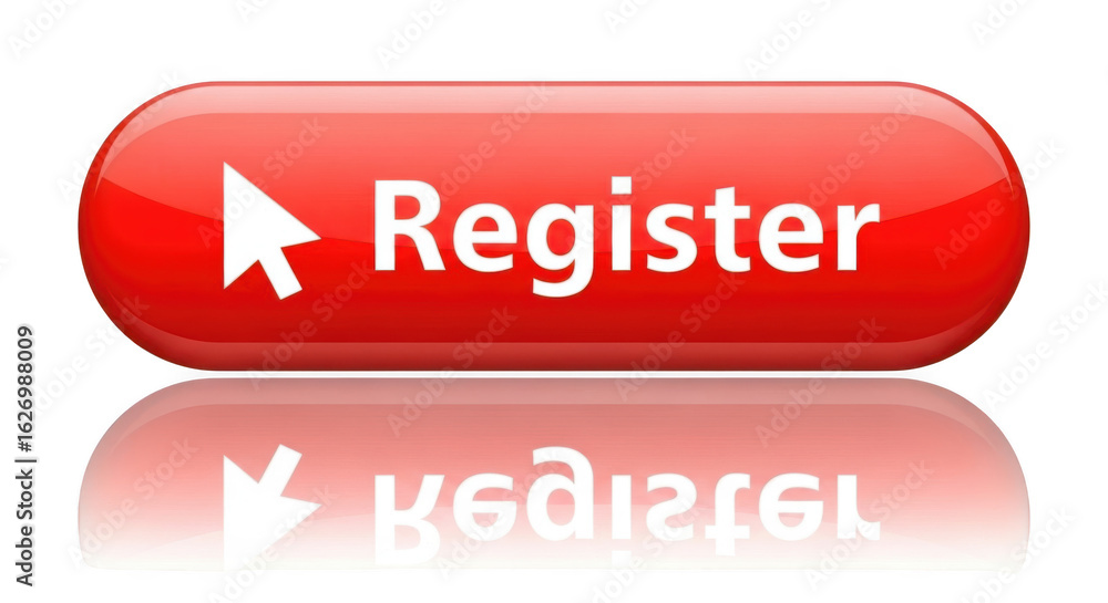 Poster a red register button with an arrow is reflected on white isolated on transparent background