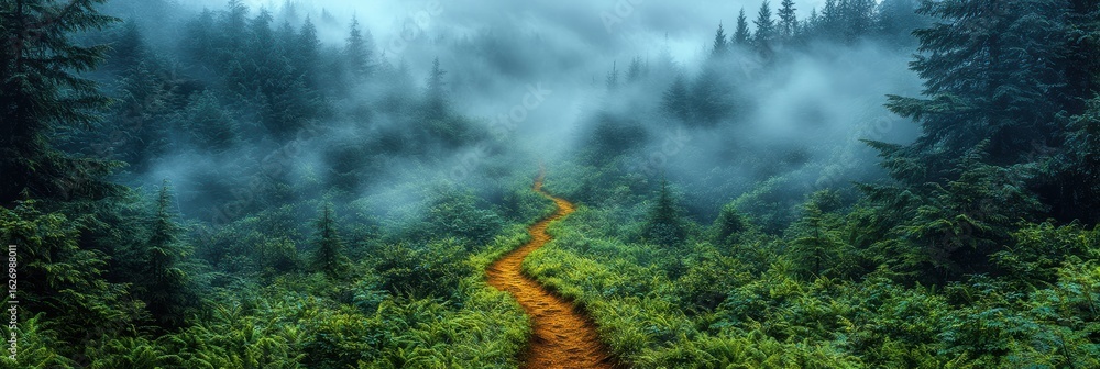 Poster path winding through a misty forest with lush greenery and towering trees