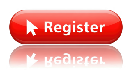 A red register button with an arrow is reflected on white isolated on transparent background