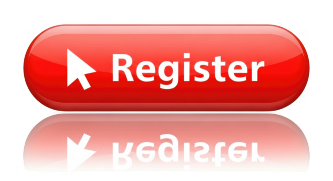 A red register button with an arrow is reflected on white isolated on transparent background
