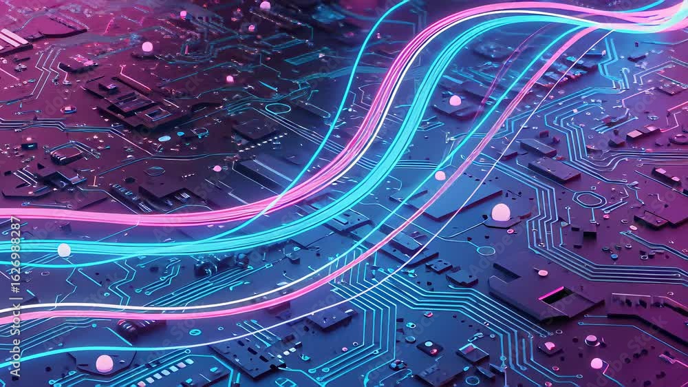 Poster dynamic overhead view of a vibrant circuit board showcasing advanced technology and colorful electro