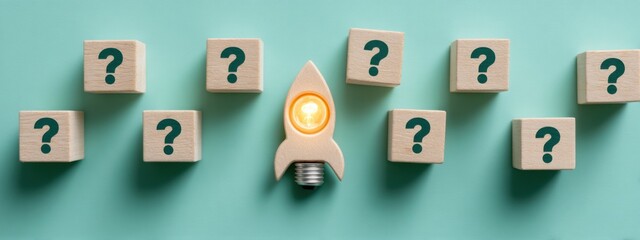 Innovative ideas represented by a rocket light bulb surrounded by question blocks on a teal background
