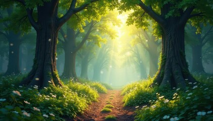 Ancient, sun-dappled forest, magical dust motes, whimsical trees , sparkle, enchanted