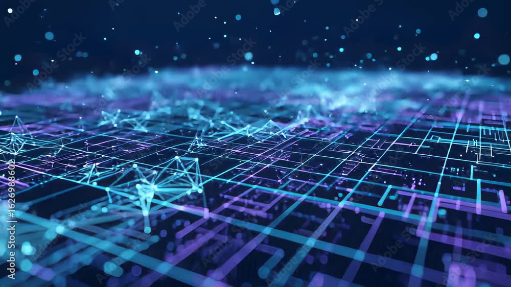 Poster exploring a vibrant digital landscape with dynamic overhead views showcasing technology in motion