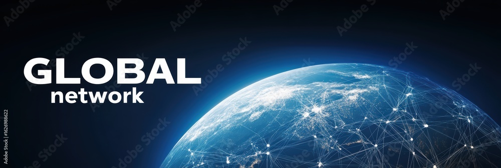 Poster global network concept illustrating interconnected digital communications and data exchanges
