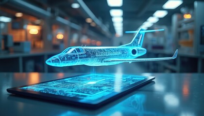 Futuristic holographic jet model hovers above tablet displaying digital schematics. Advanced aerospace design concept in high-tech lab environment. Innovative engineering simulation for aviation