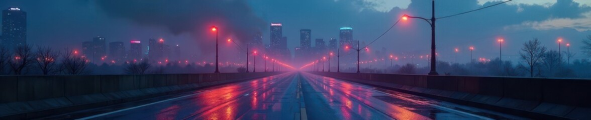 Desolate urban landscape with smog-shrouded skyscrapers and neon lights reflecting off wet pavement at dusk, smoke, smog, neon lights