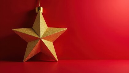 Elegant gold glitter Christmas star ornament on red background, red, festive decoration, xmas