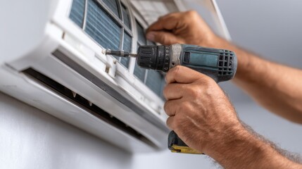 Technician repairs wall-mounted air conditioning unit in residential space during daytime