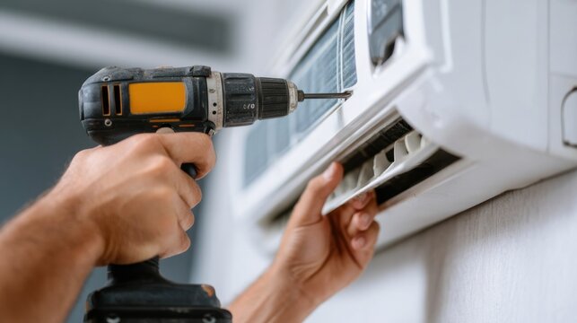 Technician installing air conditioning unit in residential space during daylight hours