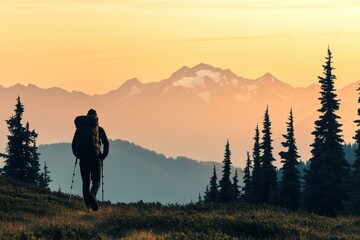 Obraz premium Hiker explores breathtaking mountain landscape at sunset in the wilderness