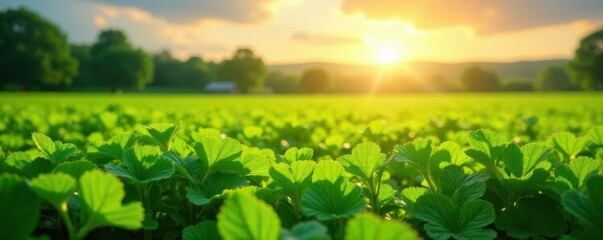 Lush green organic farm field, sunlit, environmentally friendly , vibrant green, environment, rural
