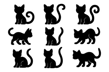 Nine black cat silhouettes with curled tails isolated on white background