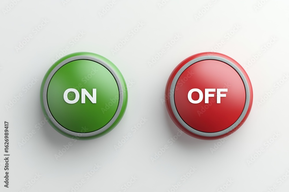 Poster green on and red off buttons arranged side by side for power control