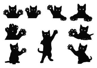 Collection of playful black cat silhouettes with paws isolated on white background