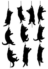 Collection of silhouette cats hanging on ropes isolated on white background
