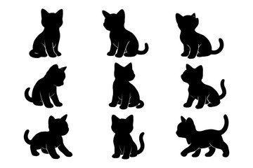 Collection of black cat silhouettes in different poses isolated on white background
