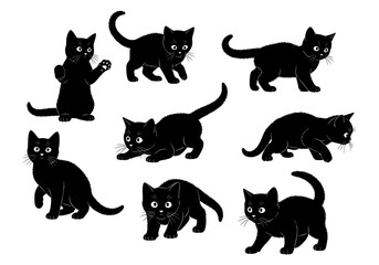 Collection of cute black cat kittens in different poses isolated on white background