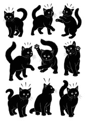 Collection of adorable black cat illustrations isolated on white background