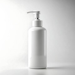 White plastic pump dispenser bottle for lotion or cosmetic product, isolated on white background