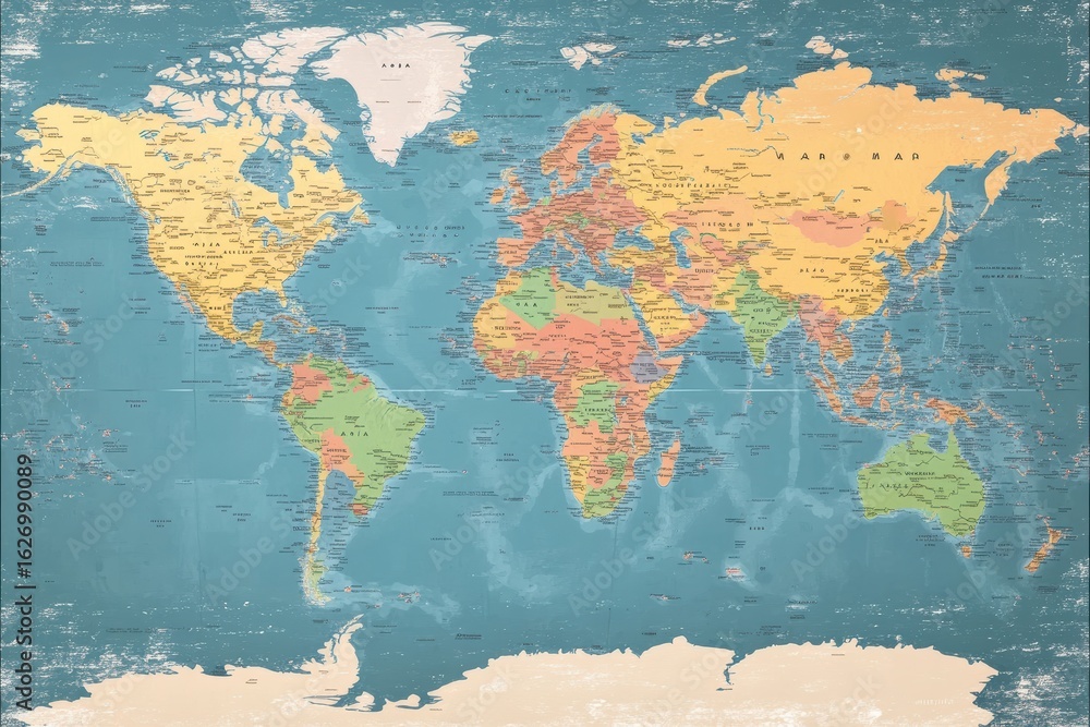 Poster exploring a minimalist world map featuring countries and regions with vibrant colors and textures