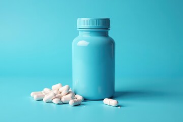 Glass bottle with blue background, scattered white pills and papers, wellness packaging, medicine bottle, pharmacy item