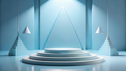 Minimalist stage with geometric shapes and soft blue lighting, perfect for product presentation or display