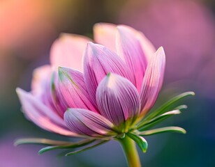 Fototapeta premium close up of a delicate vibrant pink flower bud soft focus on a single bud pale pink petals and light green sepals blurs of pastel colors in background