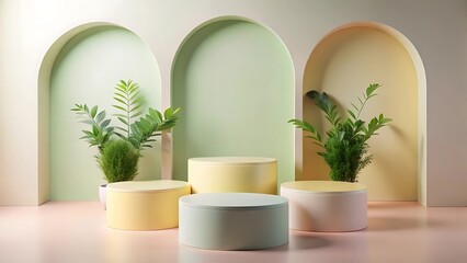 Pastel colored minimalist display with arched openings and plants, ideal for showcasing beauty or fashion products