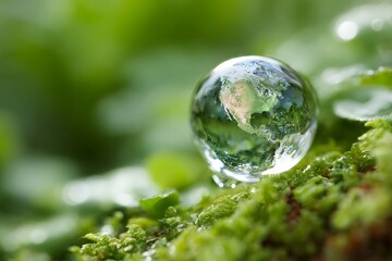 A macro shot of a water droplet on moss reflecting the Earth, symbolizing the urgent global crisis of clean water access and the fight against water pollution.