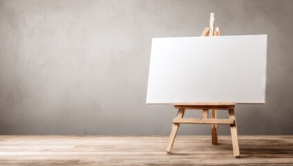 Blank canvas on a small wooden easel against a textured wall.